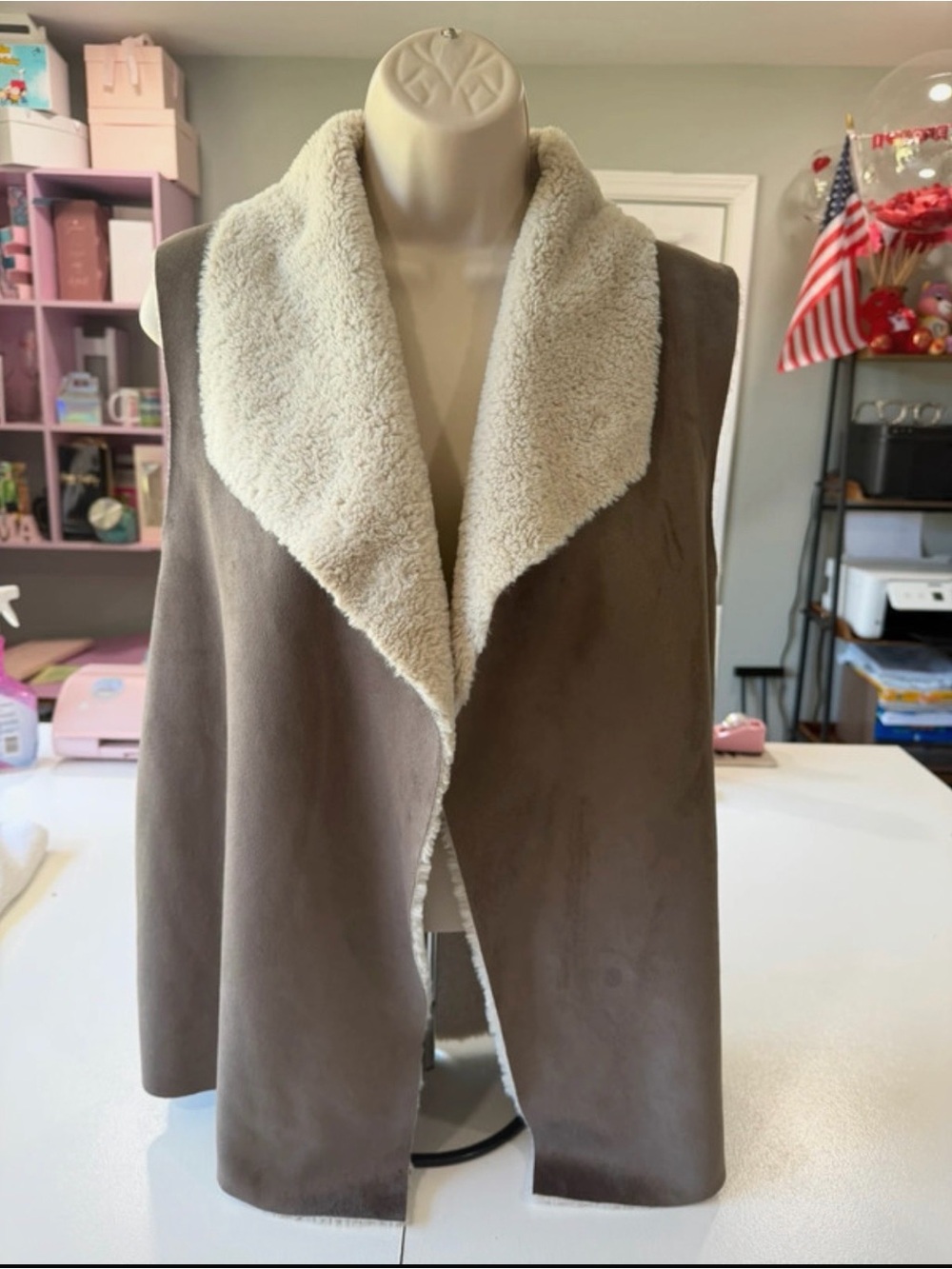 Taupe Faux-Shearling Vest with Cream Lining